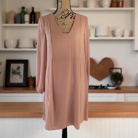 INC Hazel Wood Textured Long-Sleeve Shift V-Neck Dress Tie Back Detail - M - Picture 3 of 11